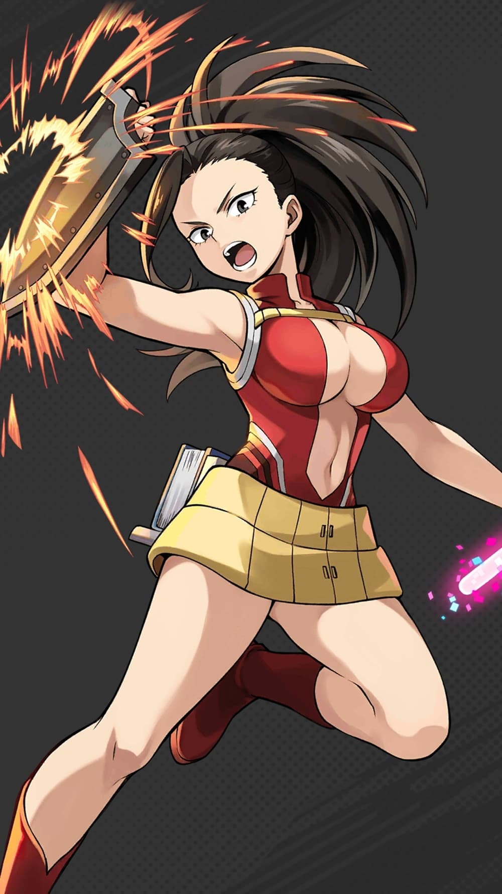 An image of Momo Yaoyorozu, a character with a ponytail, in an action pose manifesting a shield from her arm.