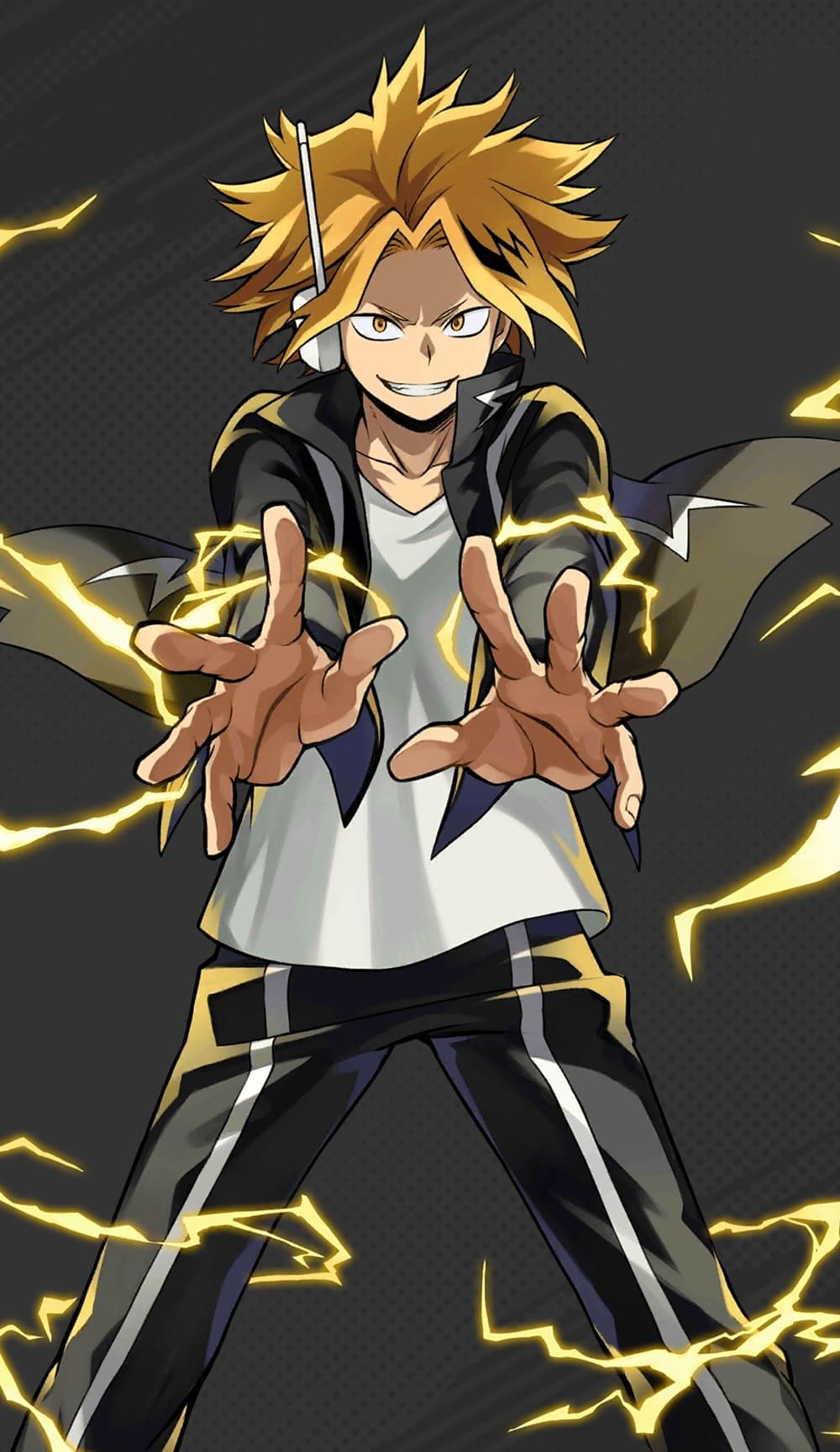 An image of Denki Kaminari, a stylish young man with blonde hair in a tracksuit and with lightning emerging from his hands.