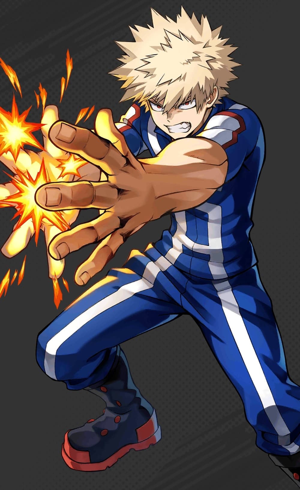 An image of Katsuki Bakugo, a blonde youth wearing gym clothes with an angry look on his face and fire erupting from his palms.