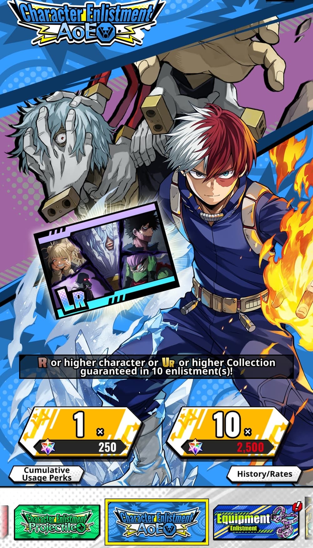An image of various MHA characters on a screen for gacha pulls in a video game, with a colourful UI.
