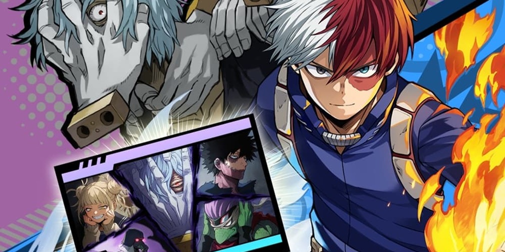 An image of various MHA characters on a screen for gacha pulls in a video game, with a colourful UI.