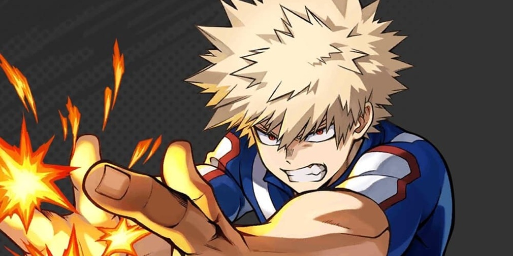 An image of Katsuki Bakugo, an angry looking blonde youth with arms outstretched and palms encased in fire, looking askew at the camera.