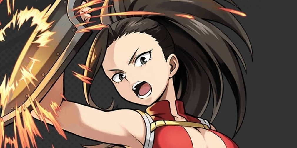 An image of Momo Yaoyorozu, a character with a ponytail, in an action pose manifesting a shield from her arm.