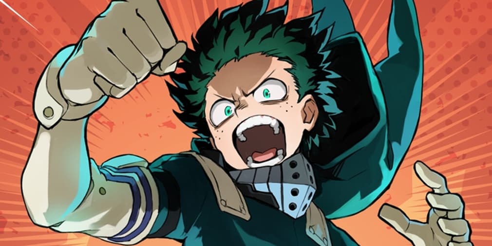 An image of Izuku Midoriya, the main character of MHA, a boy with green hair and freckles, jumping towards the camera.