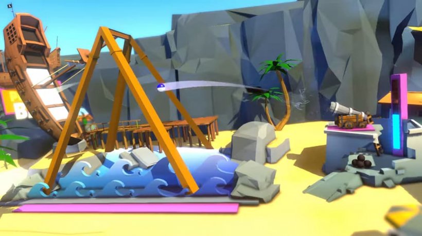 Balls are launched from a cannon into a large swinging pirate ship as you might see in a fairground.