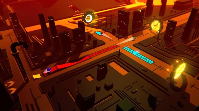 An image of balls travelling along a circuit in a rough industrial area with a glowing orange atmosphere.