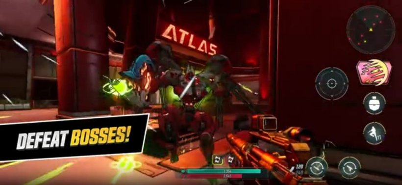 An enormous robot bears down on the POV character with the text 'defeat bosses' embedded on the image.