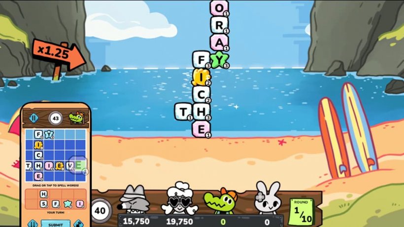 An image of stacked letters with a group of cartoon animals viewing it at the bottom.