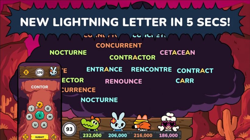 A selection of words above a group of cartoon animals viewing it.