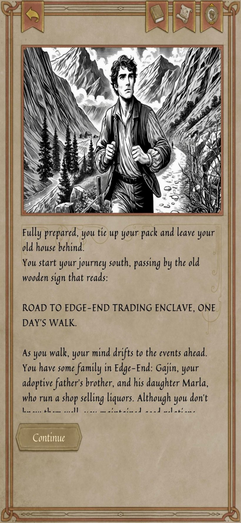 a male adventurer in portrait with a text-based narrative