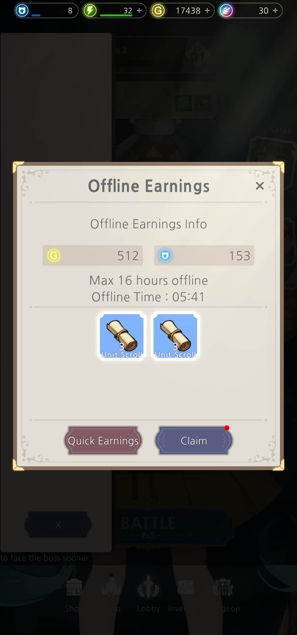 An image of some offline rewards available consisting of small 'unit scrolls'