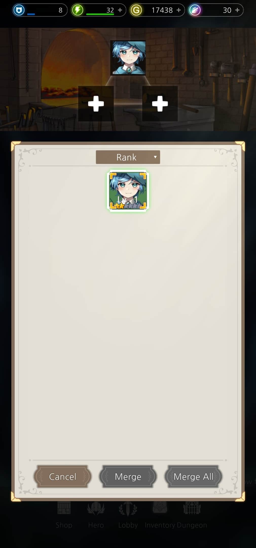 An image of the merging menu showing one slot occupied and space for two more examples of a character in corresponding slots.