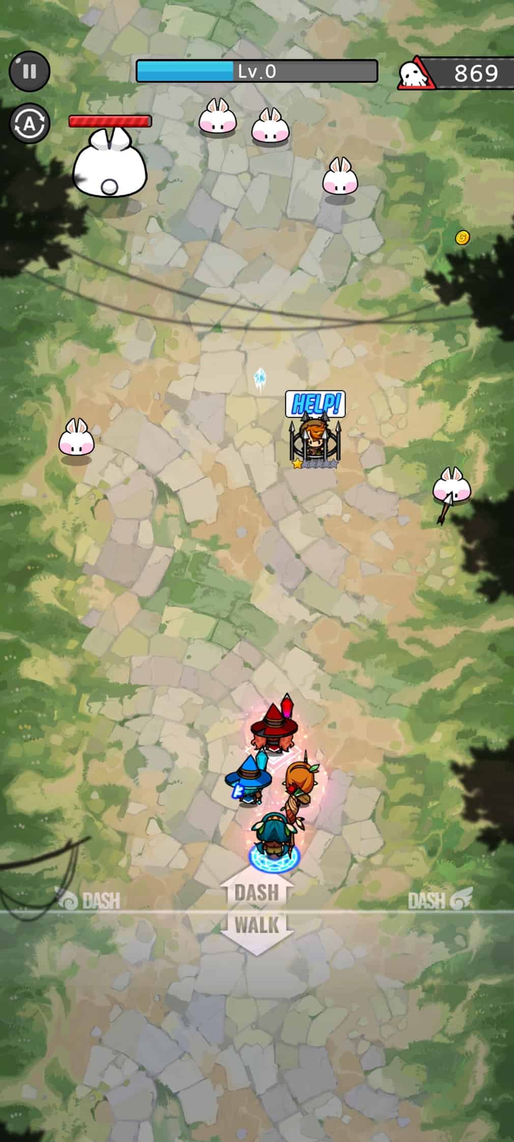 A group of heroes from a top-down perspective pursue an evil rabbit, another caged hero is in front of them.