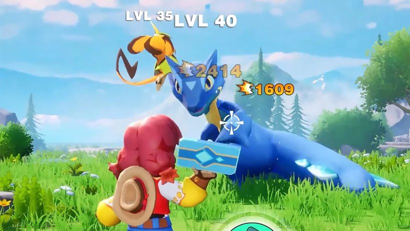 a girl with a hat on her back fighting a blue dragon with an object in her hand