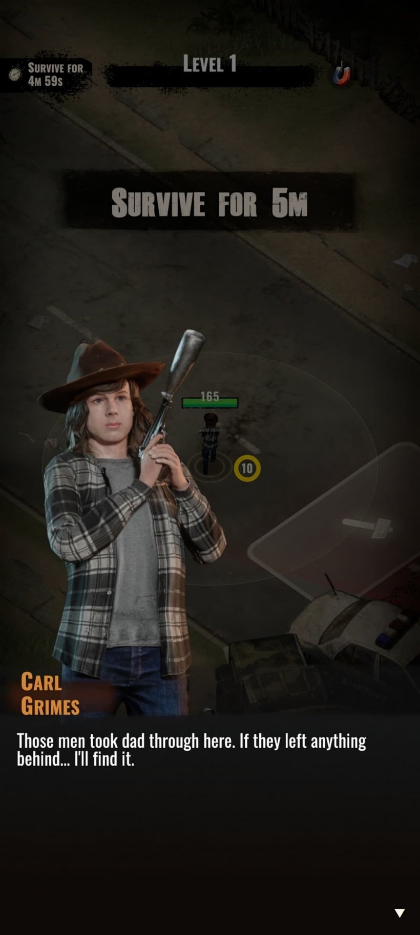 An image of Carl Grimes, a young boy wearing a cowboy hat, holding a revolver commenting on how he needs to find his dad.