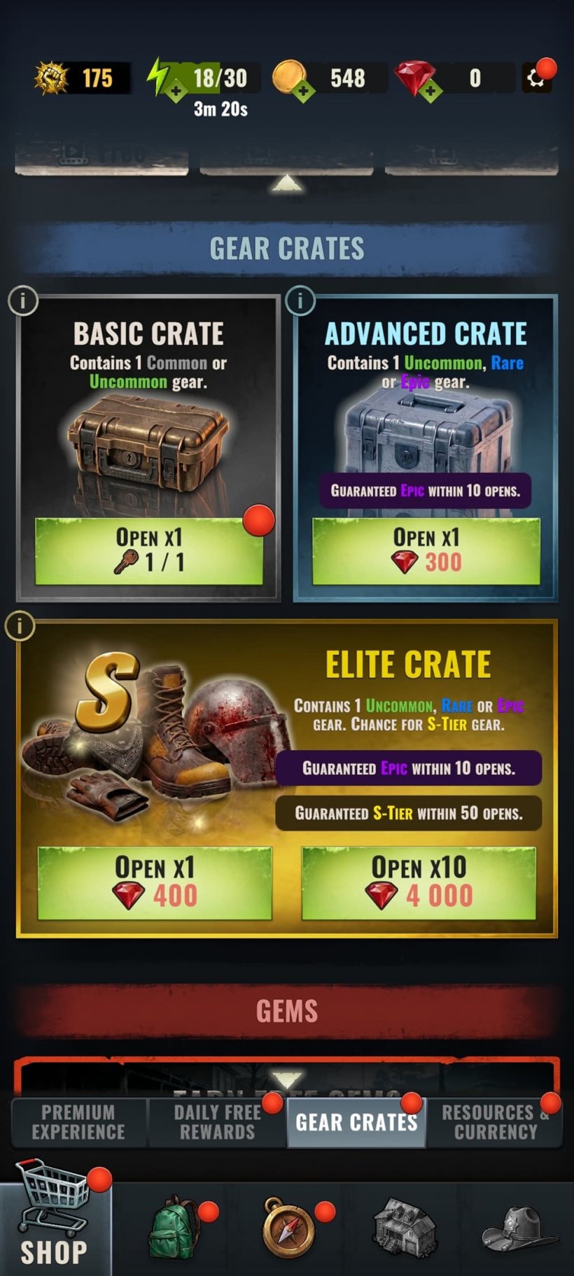 An image of various crates from The Walking Dead: Aftermath used to gain new gear.