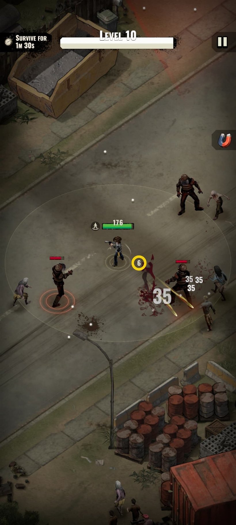 An image of a small boy with a cowboy hat shooting at zombies from a top-down perspective.