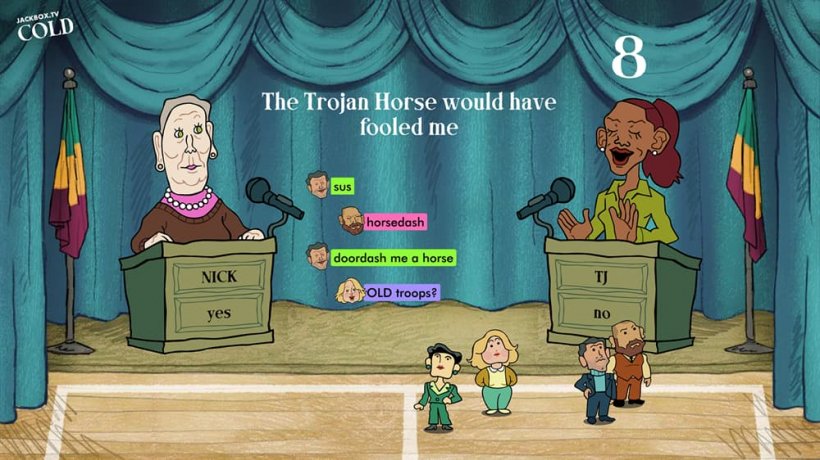 An image of two cartoon characters on opposite sides of a debate, over the issue of whether the Trojan horse would have fooled them.