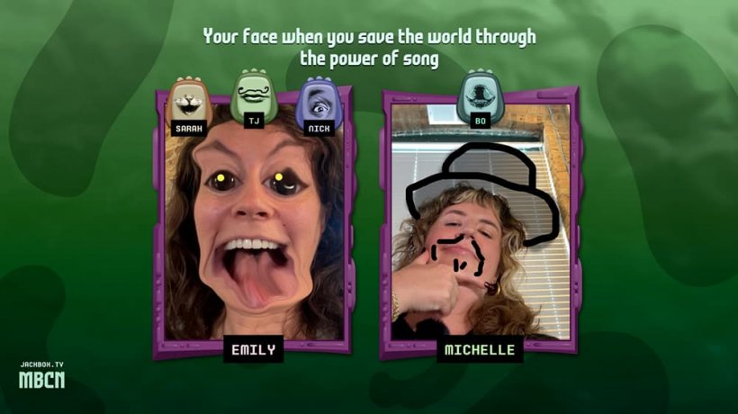 An image of distorted faces, with a prompt saying 'Your face when you save the world with the power of song'