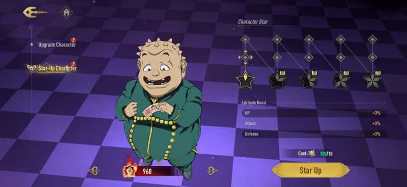 An image showing Shigechi, a strange-looking youth with a bumpy head, looking excitedly at a money bill, the UI around him mentions upgrading his abilities using shards.