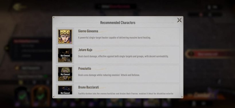 An image of recommended characters for battle in JJBA Golden Spirit, showing the character Giorno Giovanna as the top pick, with other characters not yet unlocked.