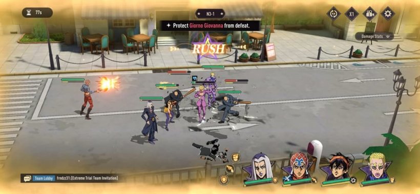 A screenshot showing battles in JJBA Golden Spirit, only this time there is a golden glow around the screen and a text saying 'Rush' that is now active.