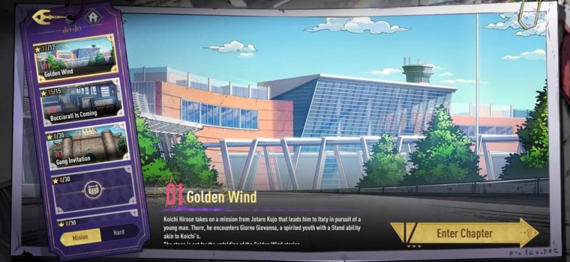 An image showing the airport in Naples in 2D style, with the UI for the JJBA Golden Spirit game showing the story mode its part of.