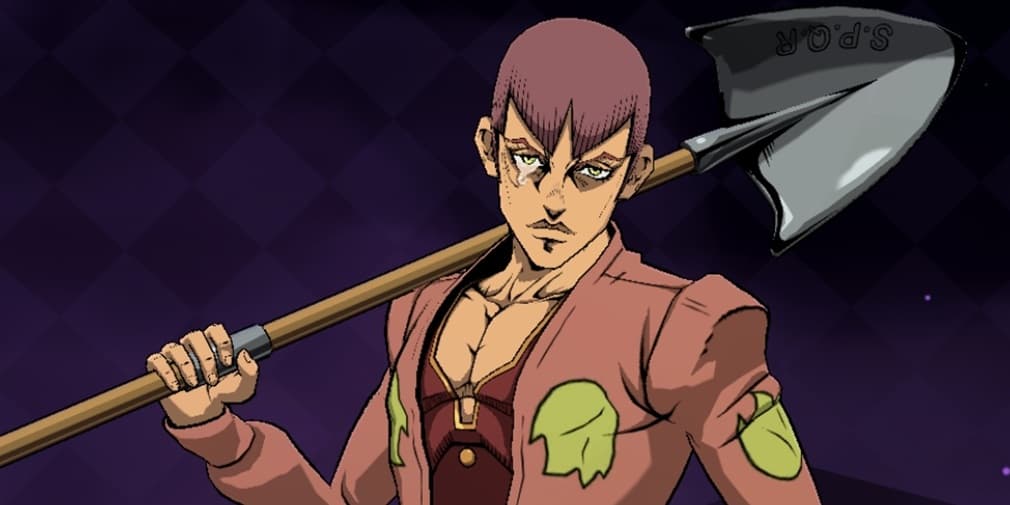 An image of Leaky-eye Luca, a gangster with a tear permanently dripping from his right eye wielding a shovel.