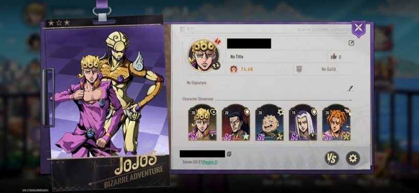 An image of a player profile in JJBA: Golden Spirit, the user ID is blanked out but in the bottom right corner a gear icon is visible.