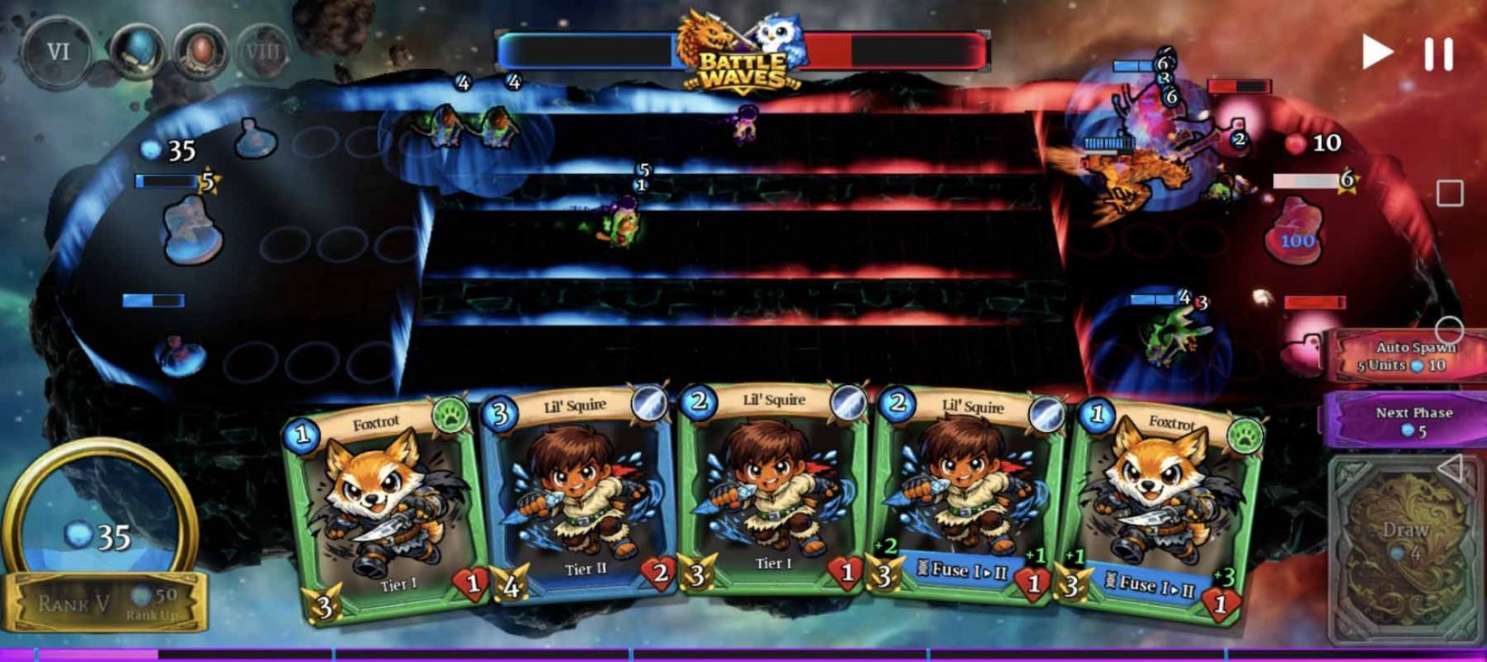 lane-based battlefield with a deck of cards to be deployed as units