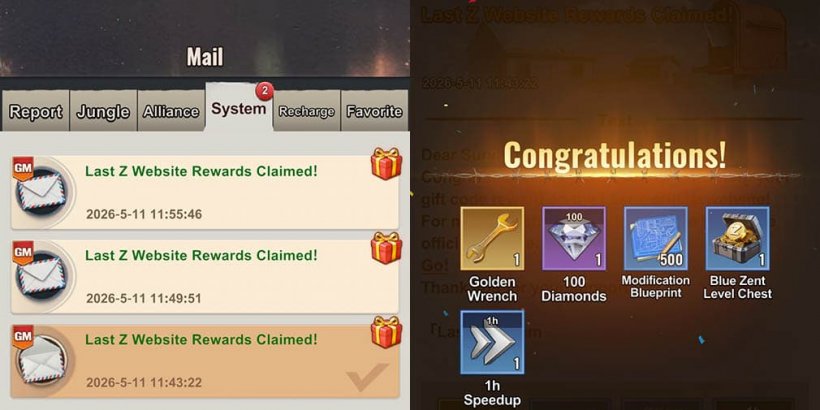side by side images of rewards letters in mail and gift code rewards