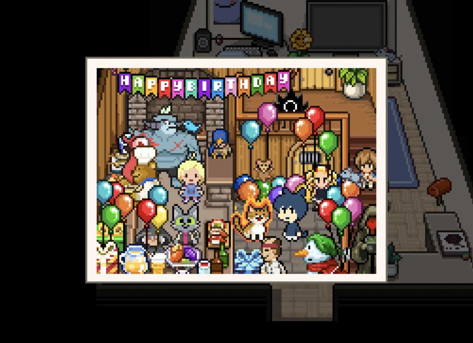 a snapshot of odecat studio's characters in a birthday party