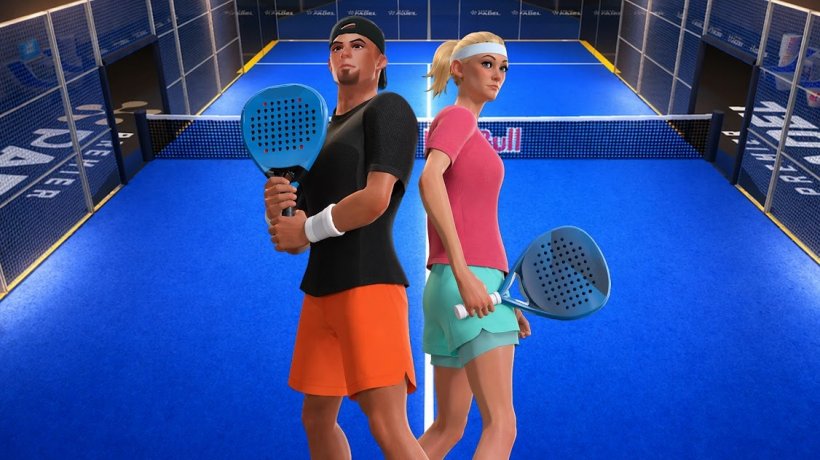 a male and a female padel player standing next to each other with the court as a backdrop