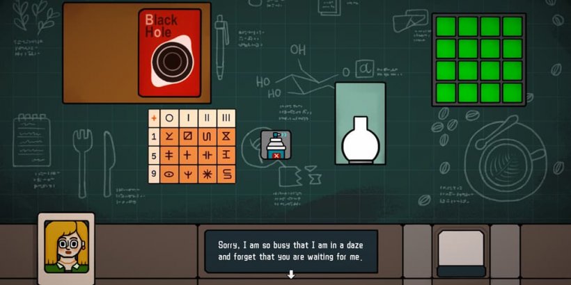A top-down image of a blackboard scrawled with notes and a female figure's face speaking to the player.