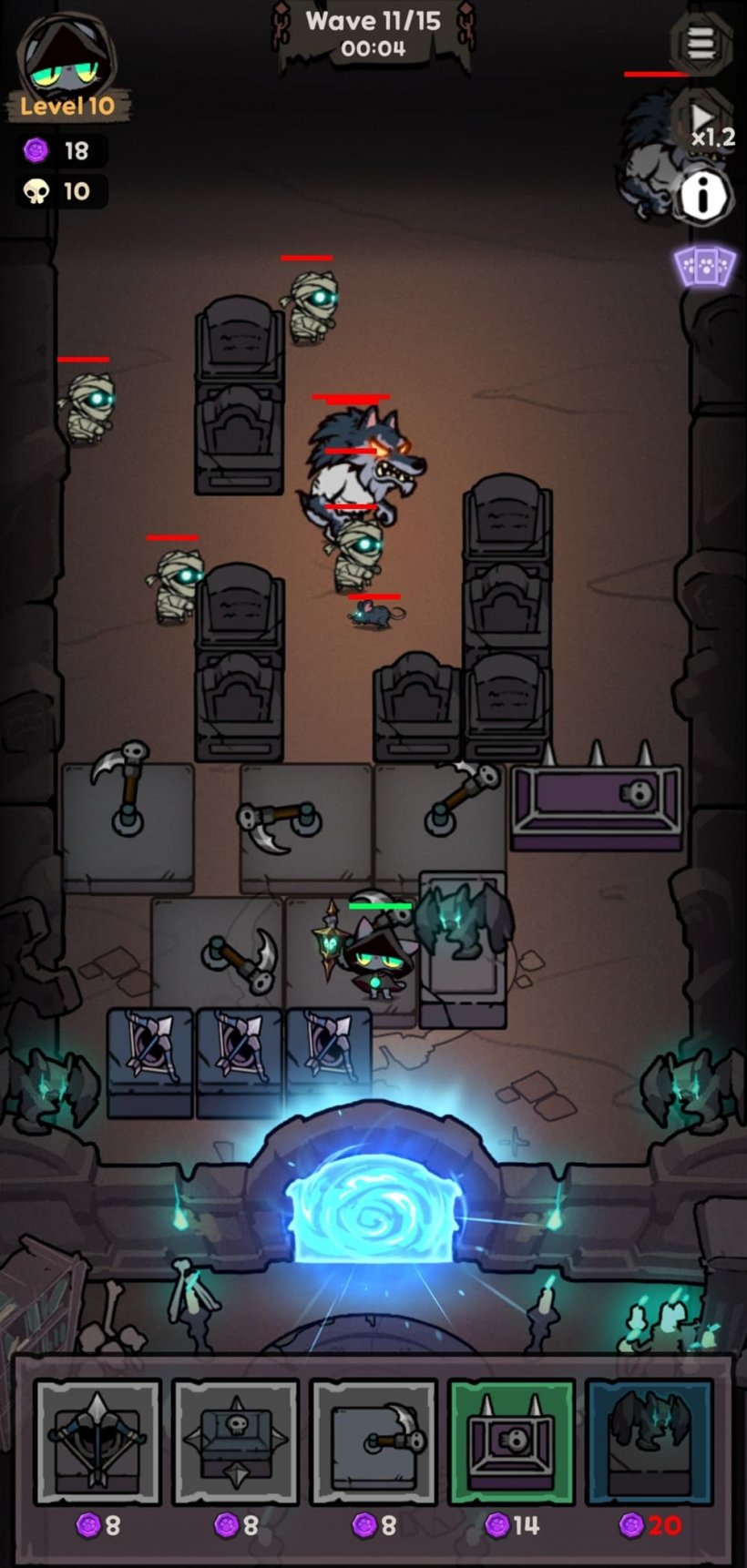 A late-game example of Nekomancer gameplay with the cat fighting off zombies as numerous towers fill up the screen.