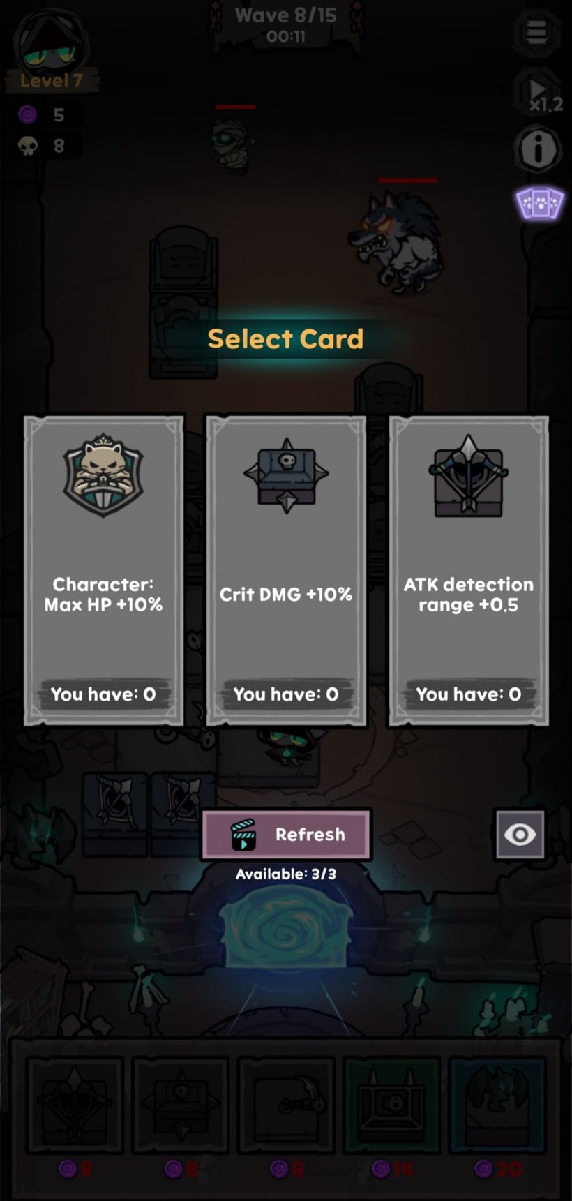 A selection of upgrades for tower defences in the game Nekomancer.