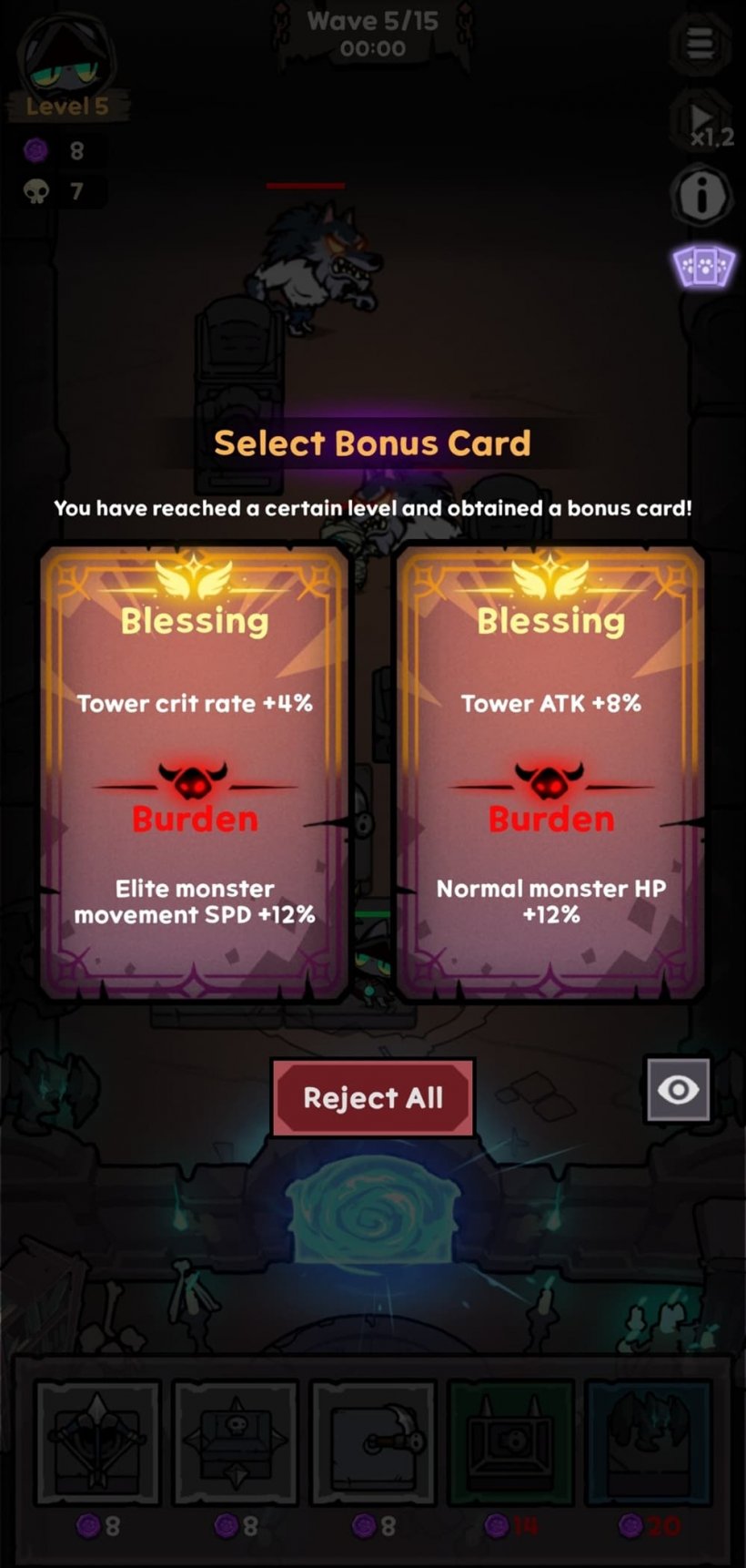 An example of the burdens and blessings in Nekomancer showing upgrades with drawbacks.