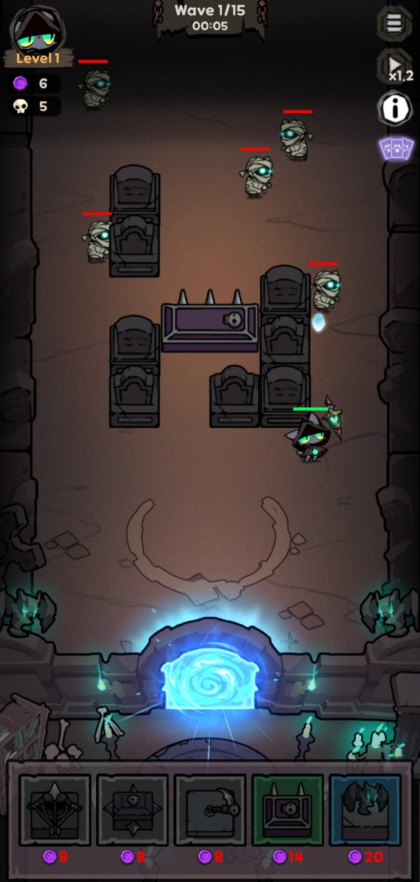 A cat fights off zombies and a frankenstein-style monster marching down the screen towards them.