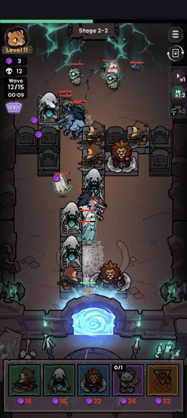 the full gameplay screen of a nekomancer stage with enemies charging at you and your towers defending you