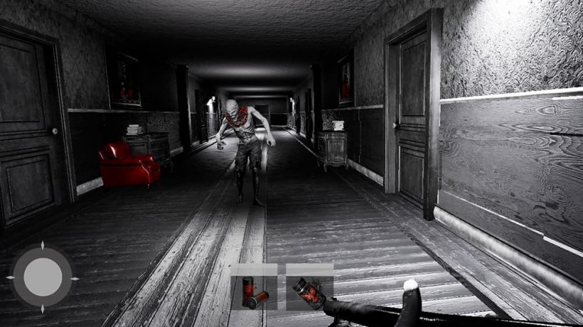 A screenshot of stark black and white gameplay with splashes of red colour as a first-person viewpoint shows the character holding a gun as a monster races towards them.