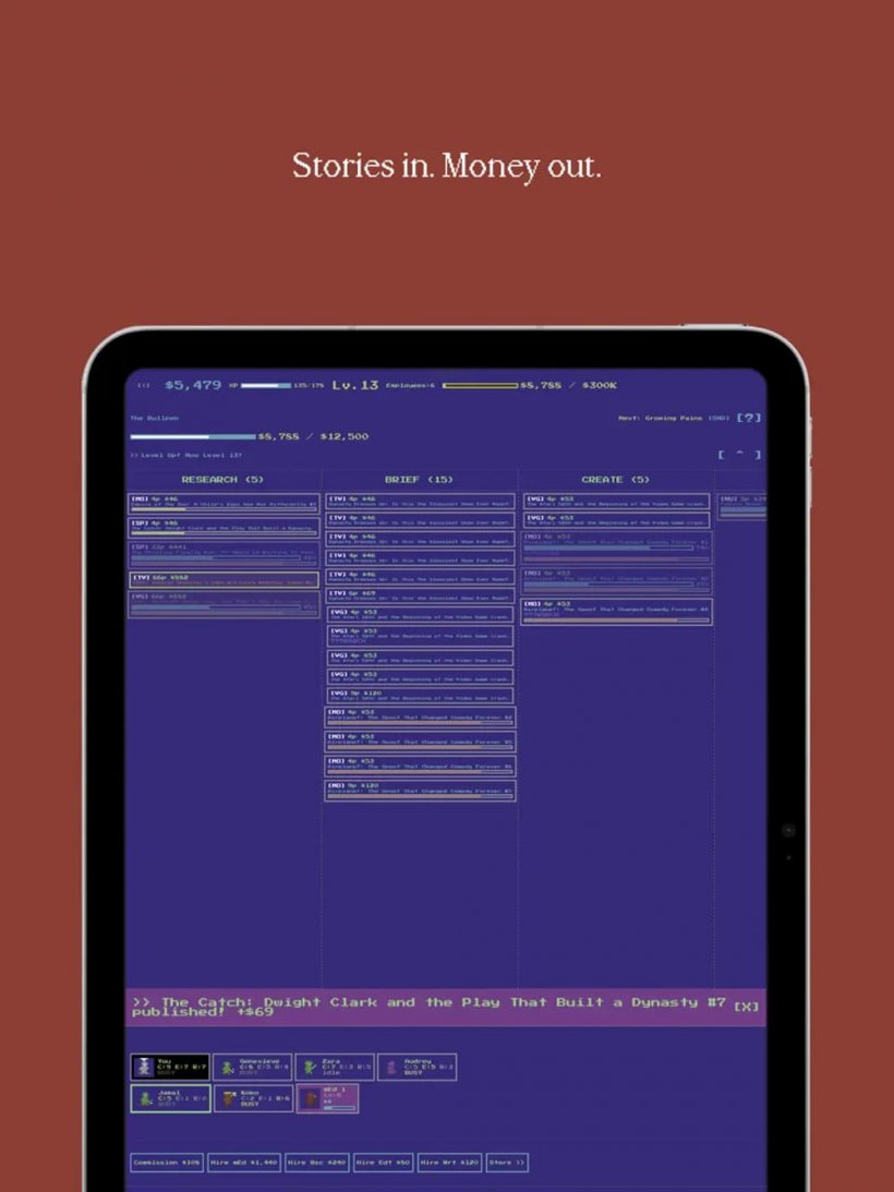 A screenshot of a Commodore-style interface displaying different newspaper article headlines in various stages of completion.