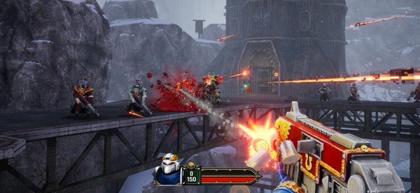 A first-person view of a heavily armoured blue space marine blasting cultists on a snowy gantry.