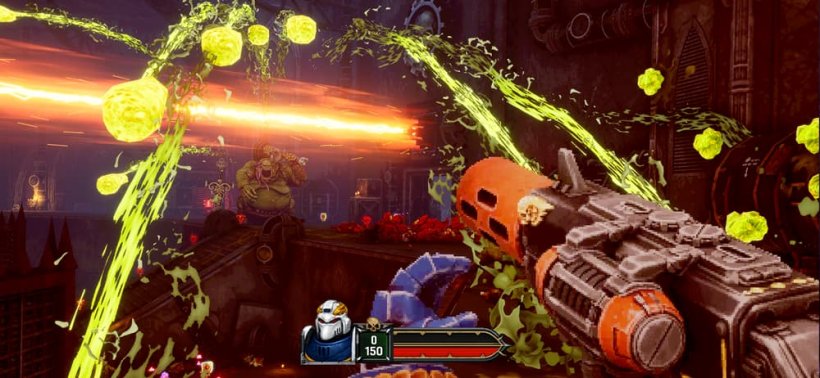 A first-person view of a heavily armoured space marine wielding a large weapon with an orange barrel, as green-tinted alien enemies throw globs of acid at him.