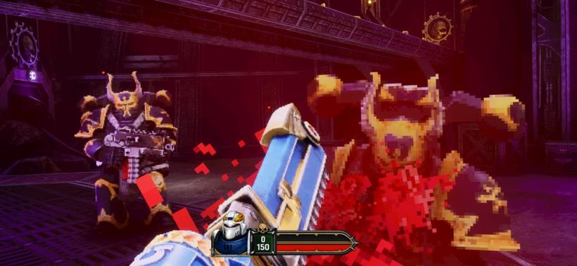 A first-person view of a space marine wielding a chainsword, slicing into an enemy cultist in a dark industrial space.