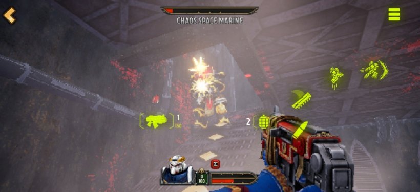 A chaos marine's health is chunked down by the player in Boltgun Boom