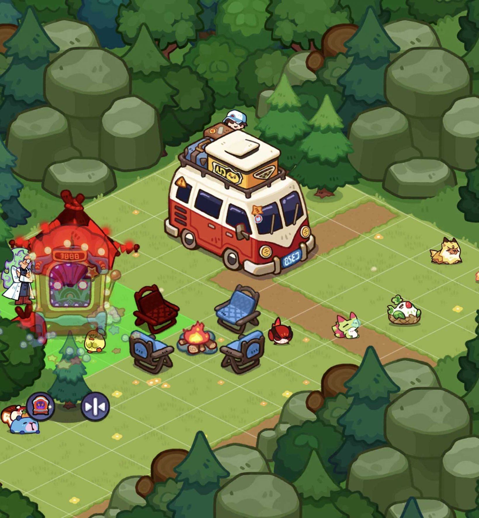 a camp in the woods with an RV and some critters