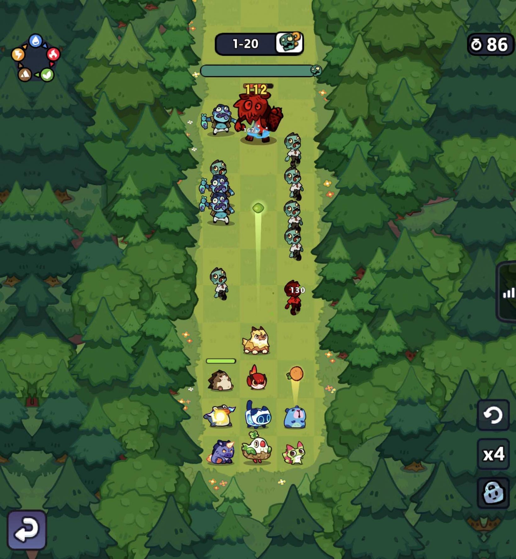 a grid of creatures fighting against zombies