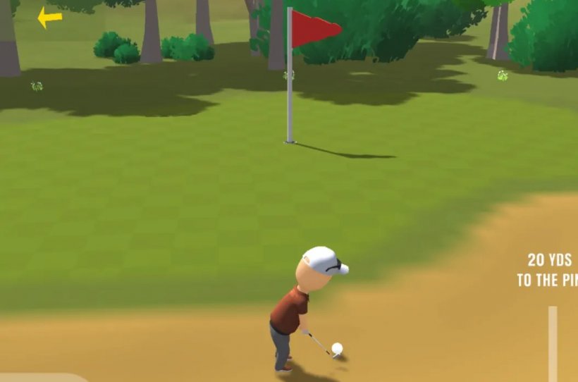 a man standing in the sand about to hit the golf ball with his club towards the red flag on the green