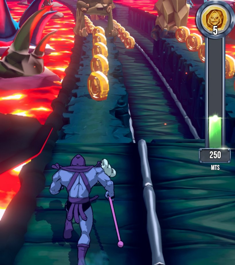 skeletor runs down a path, holding his staff, towards some giant coins that bear his image