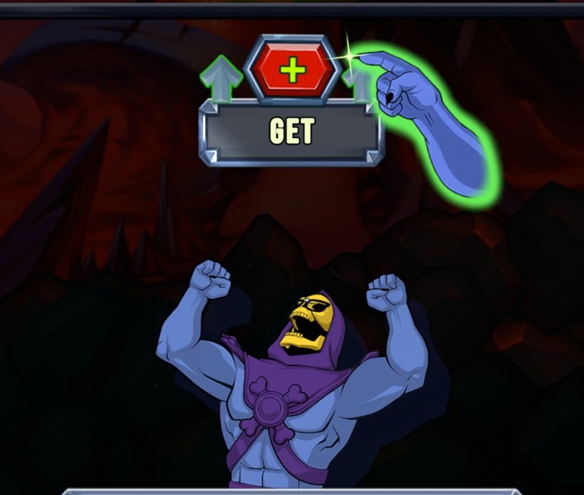 In a fetching pair of glasses, skeletor raises his fists at the get button hovering above his head